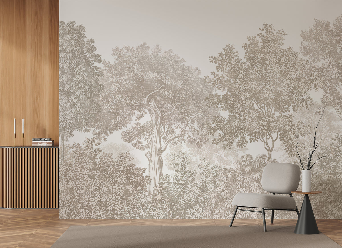 Papel pintado con paisaje forestal grabado en beige