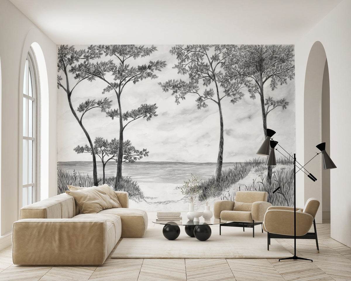 Papel pintado Pinos marítimos y dunas - Blanco y negro