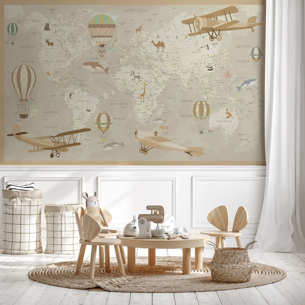 Papel pintado infantil con mapa del mundo aviador