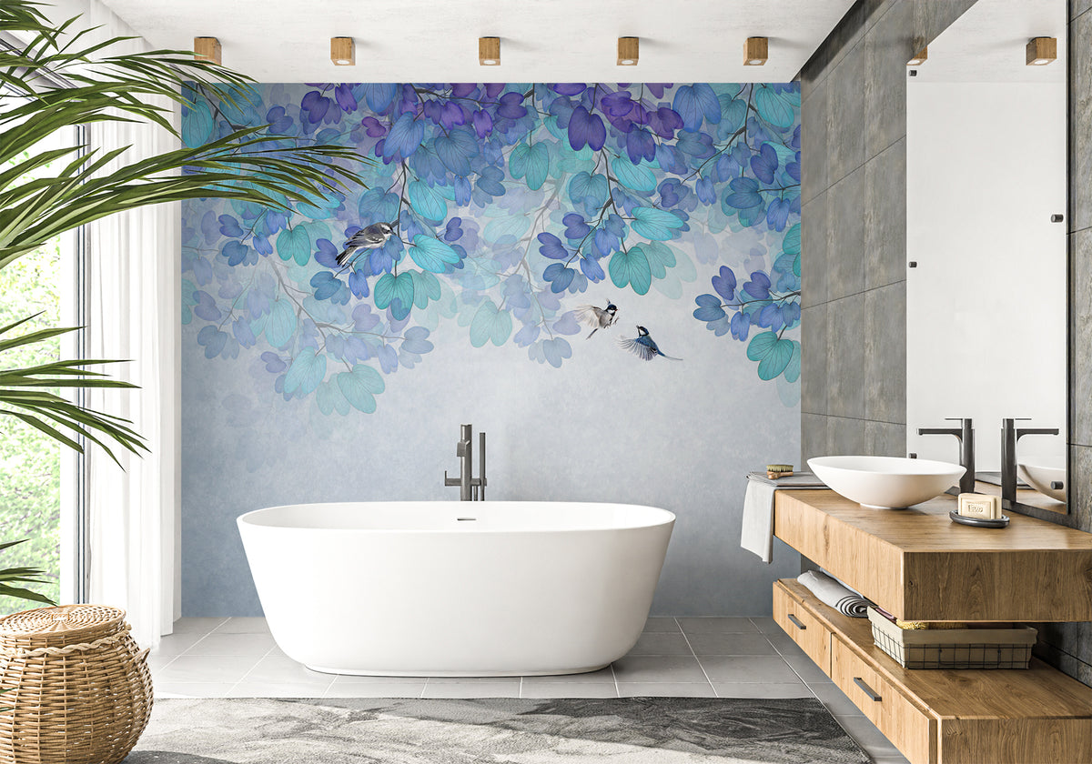 Papel pintado para baño con hojas azules