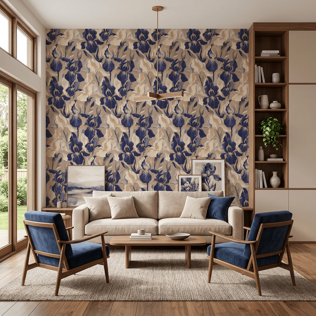 Papier peint motif Iris bleu fond sable - Mural français artistique haut de gamme - Muralconcept
