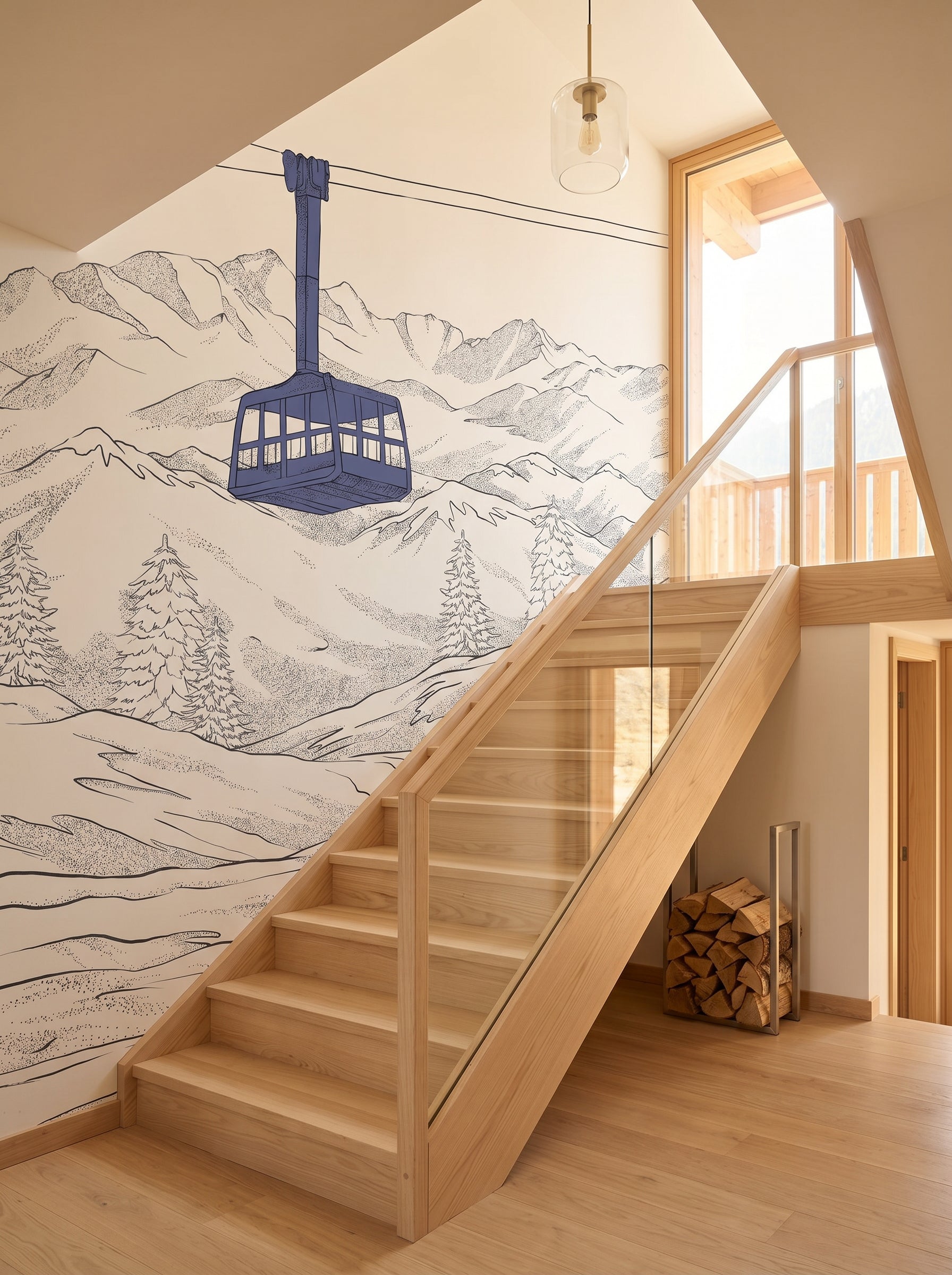 Papier peint escalier - La Plagne télécabine bleu - Muralconcept