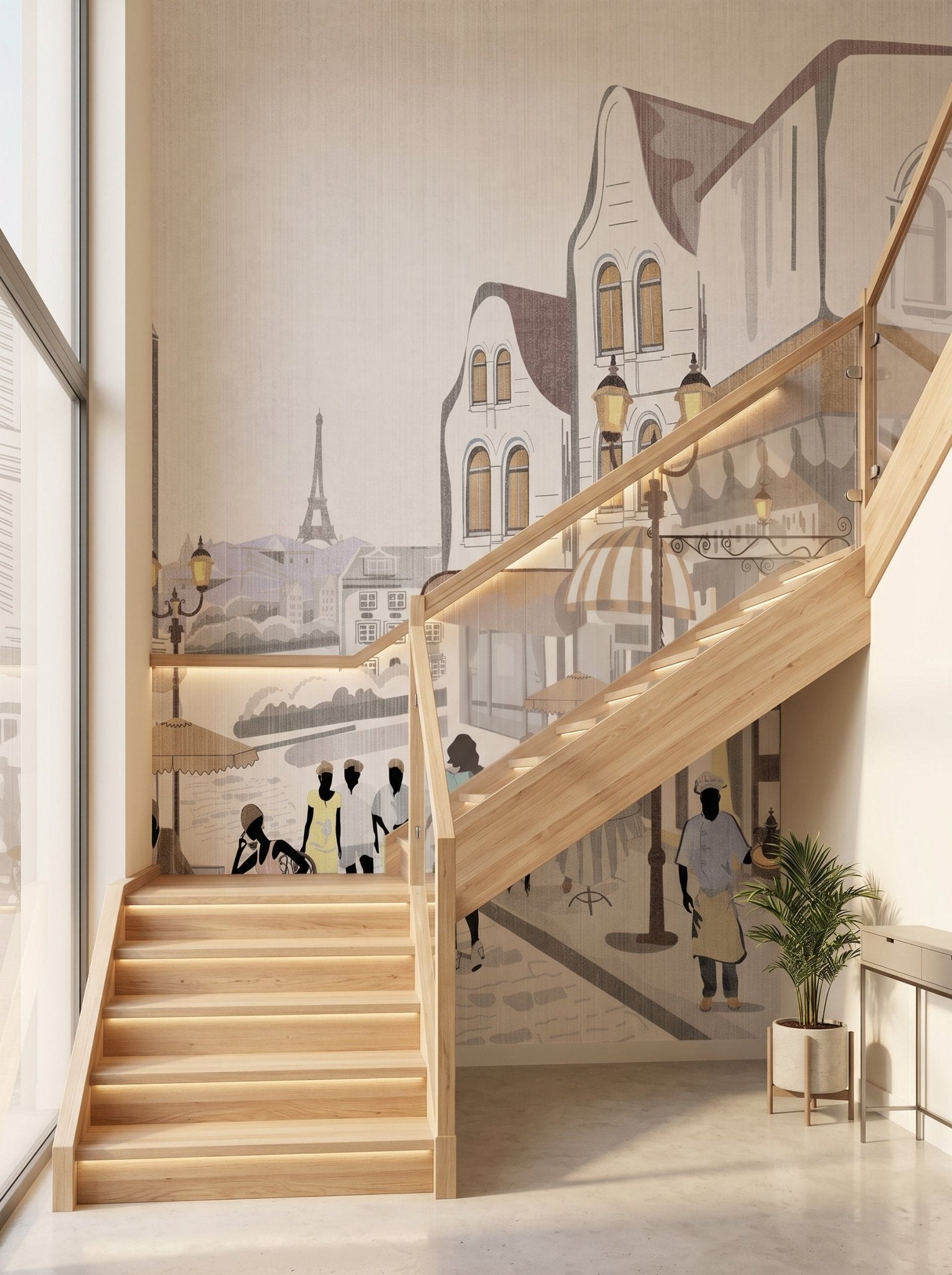 Papier peint escalier - Paris café en terrasse - Muralconcept
