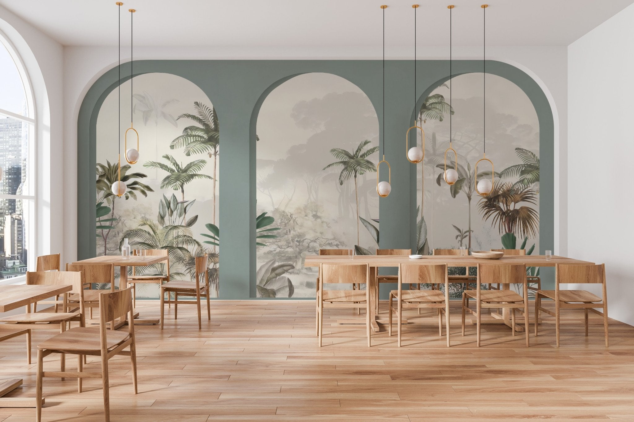 Papier peint arches luxuriantes vert, mural concept, tendance