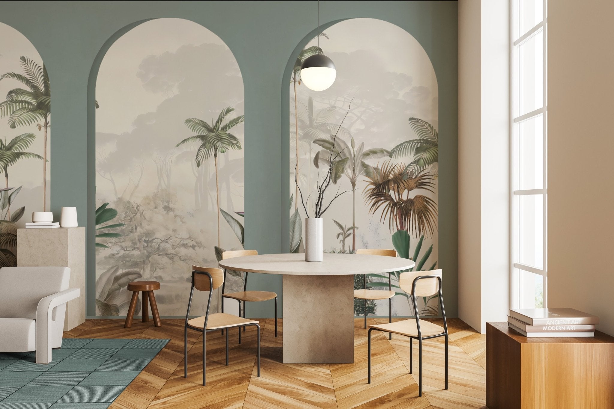 Papier peint arches luxuriantes vert, mural concept, tendance