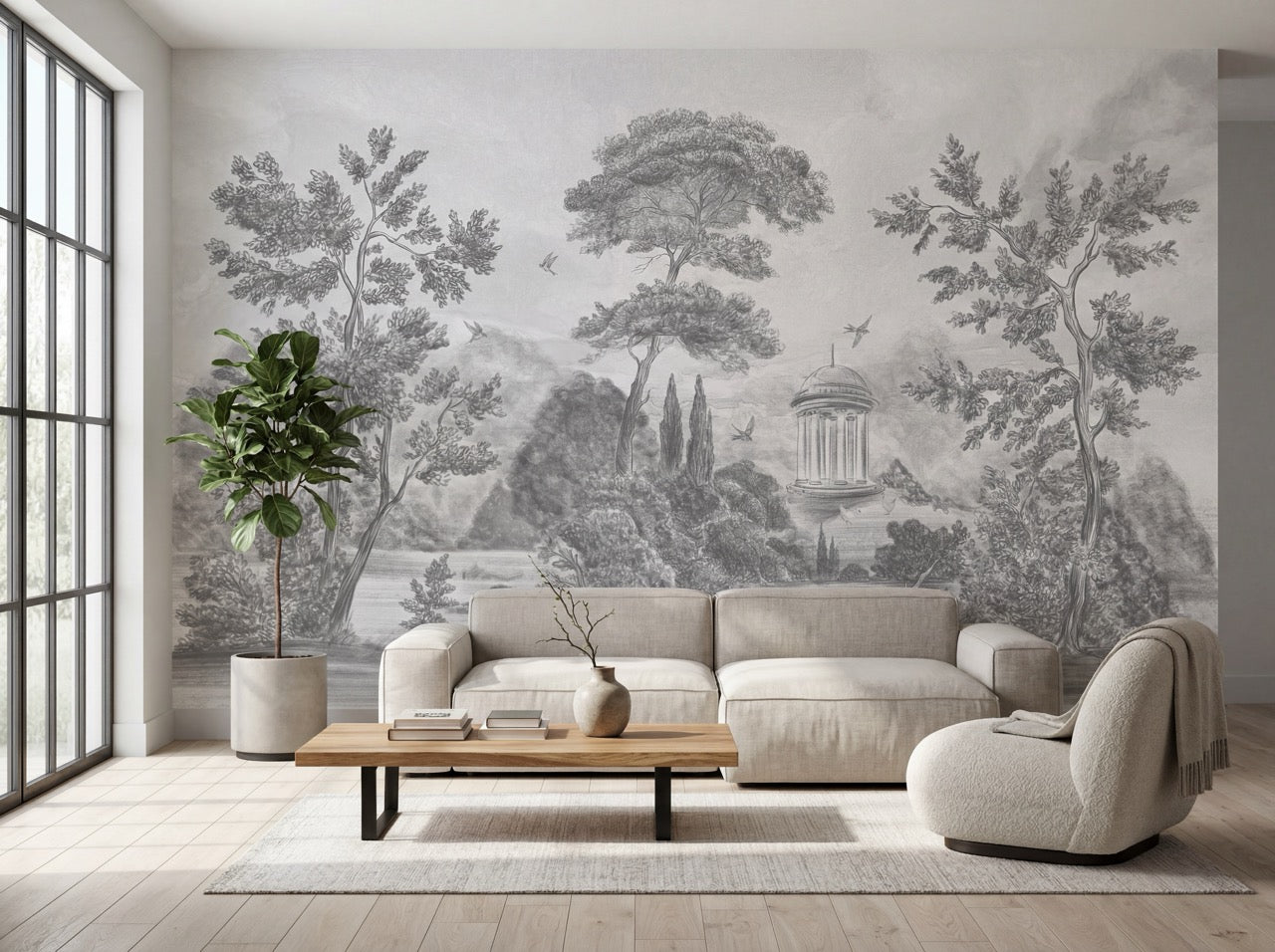 Papier peint panoramique Villa Borghese Rome – Gravure noir et blanc pins italiens - Muralconcept