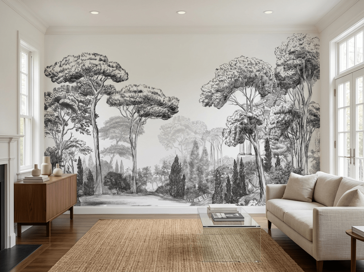 Papier peint pins élégants noirs et blancs - décor mural raffiné - Muralconcept