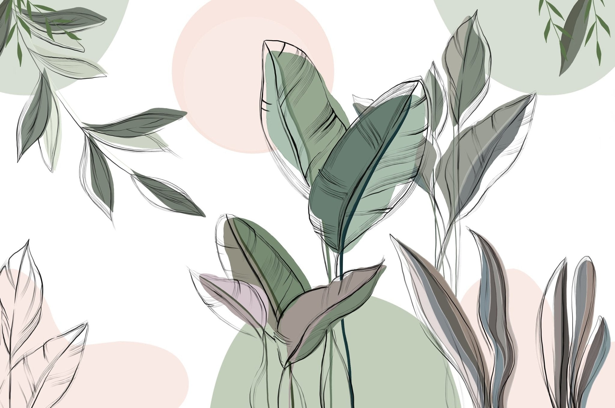 Papier peint panoramique végétal graphique Vert, mural concept, tendance