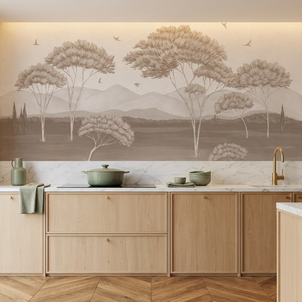 Papel pintado panorámico - Los pinos de Provenza en sepia antiguo