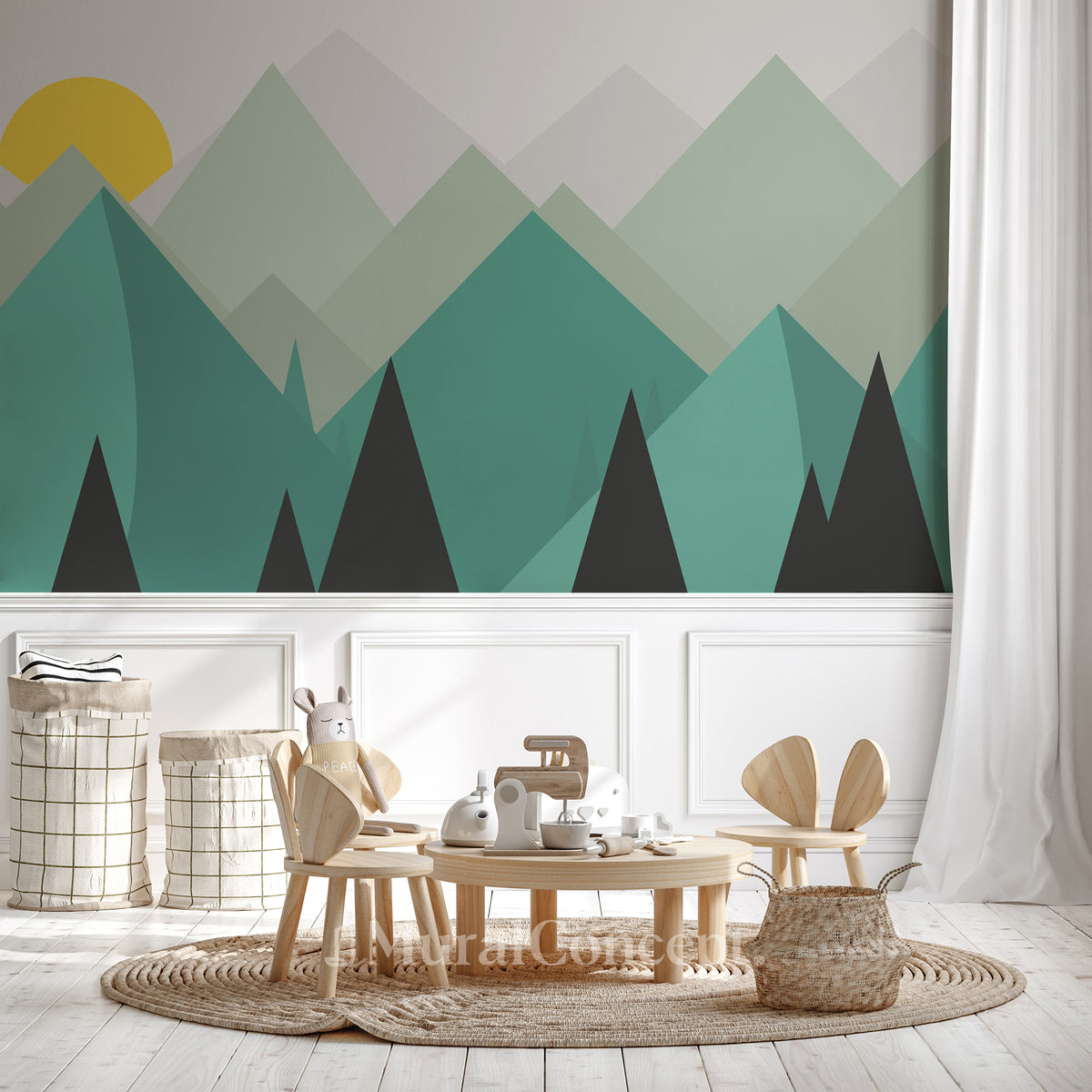 Papel pintado geométrico panorámico escandinavo de montaña