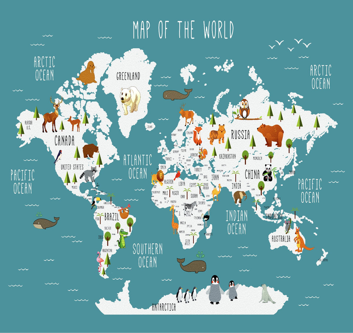 Fondo de pantalla VP Mapa del mundo ilustrado Animales Pato Azul L352cm x H253cm