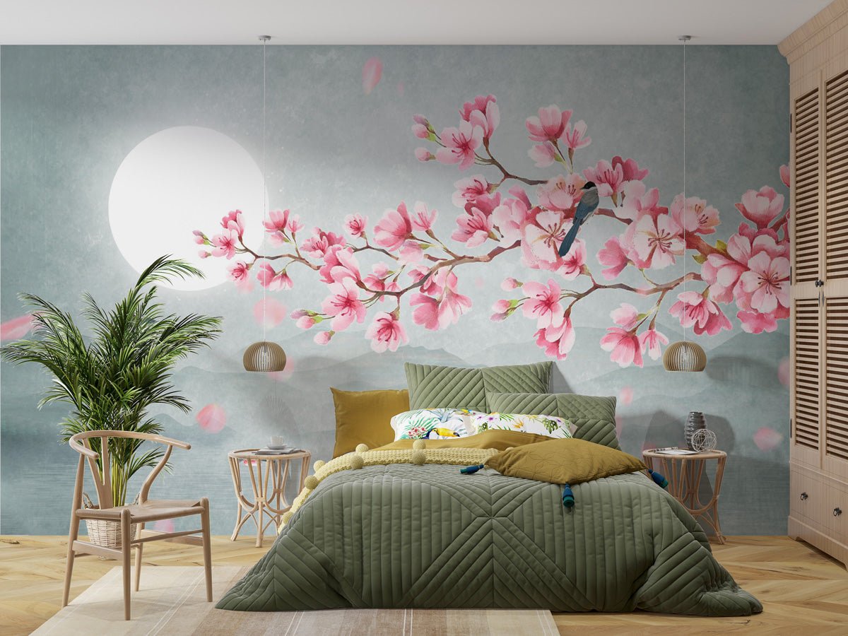 Papel pintado floral de cerezas de moda y poético