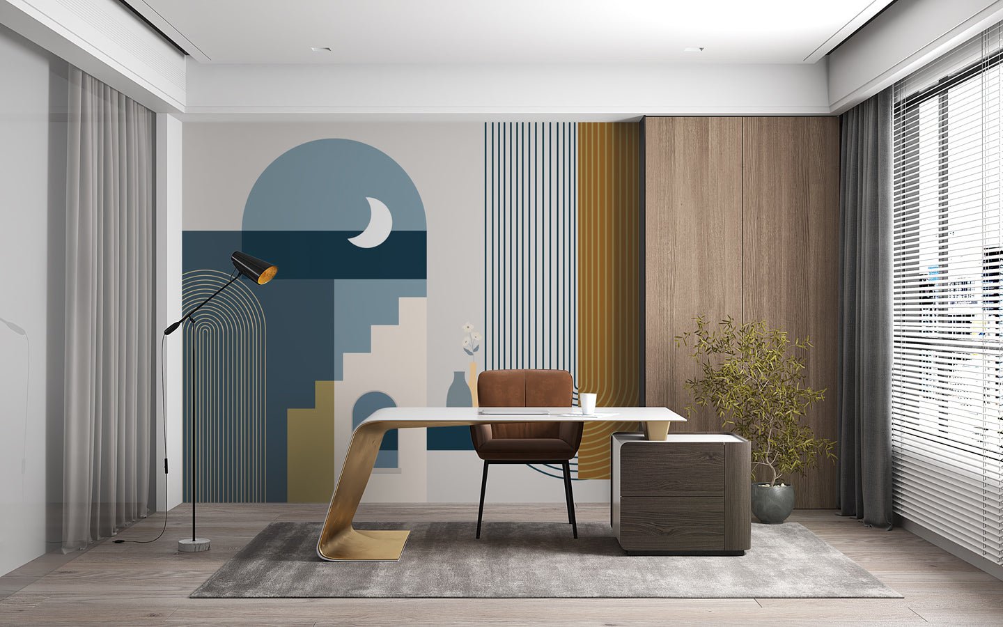 Papier peint arche bleu graphique - papier peint sur mesure francais - muralconcept