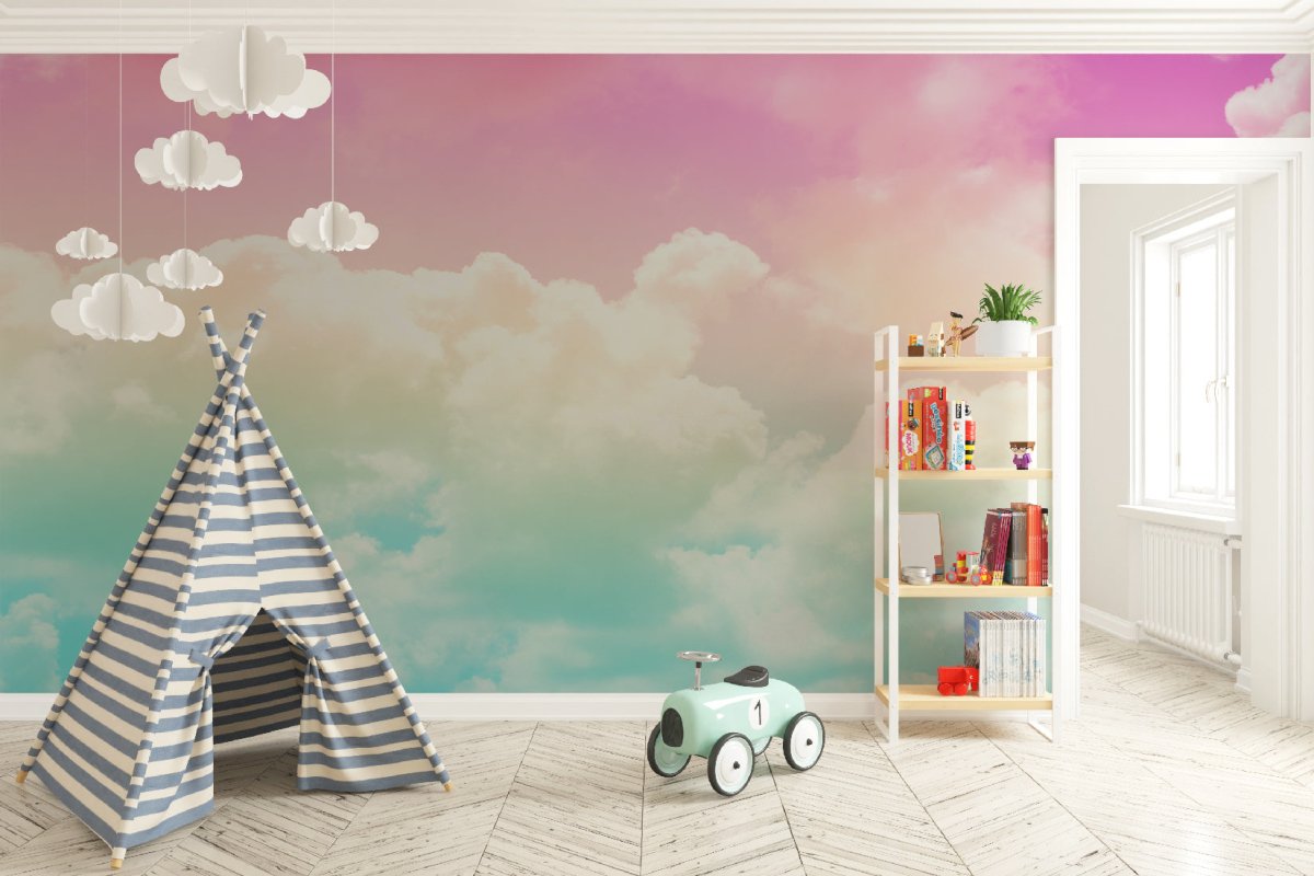 Papier peint nuage rose et bleu tendance - papier peint sur mesure francais - muralconcept
