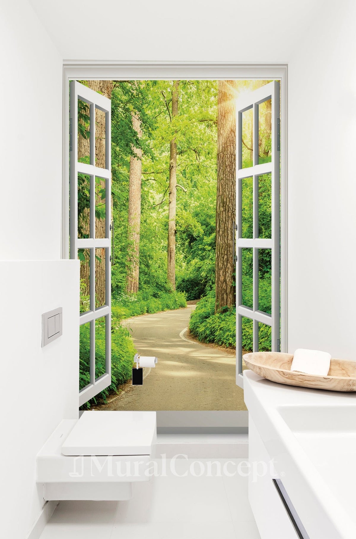 Papel pintado para el baño con paseo por el bosque