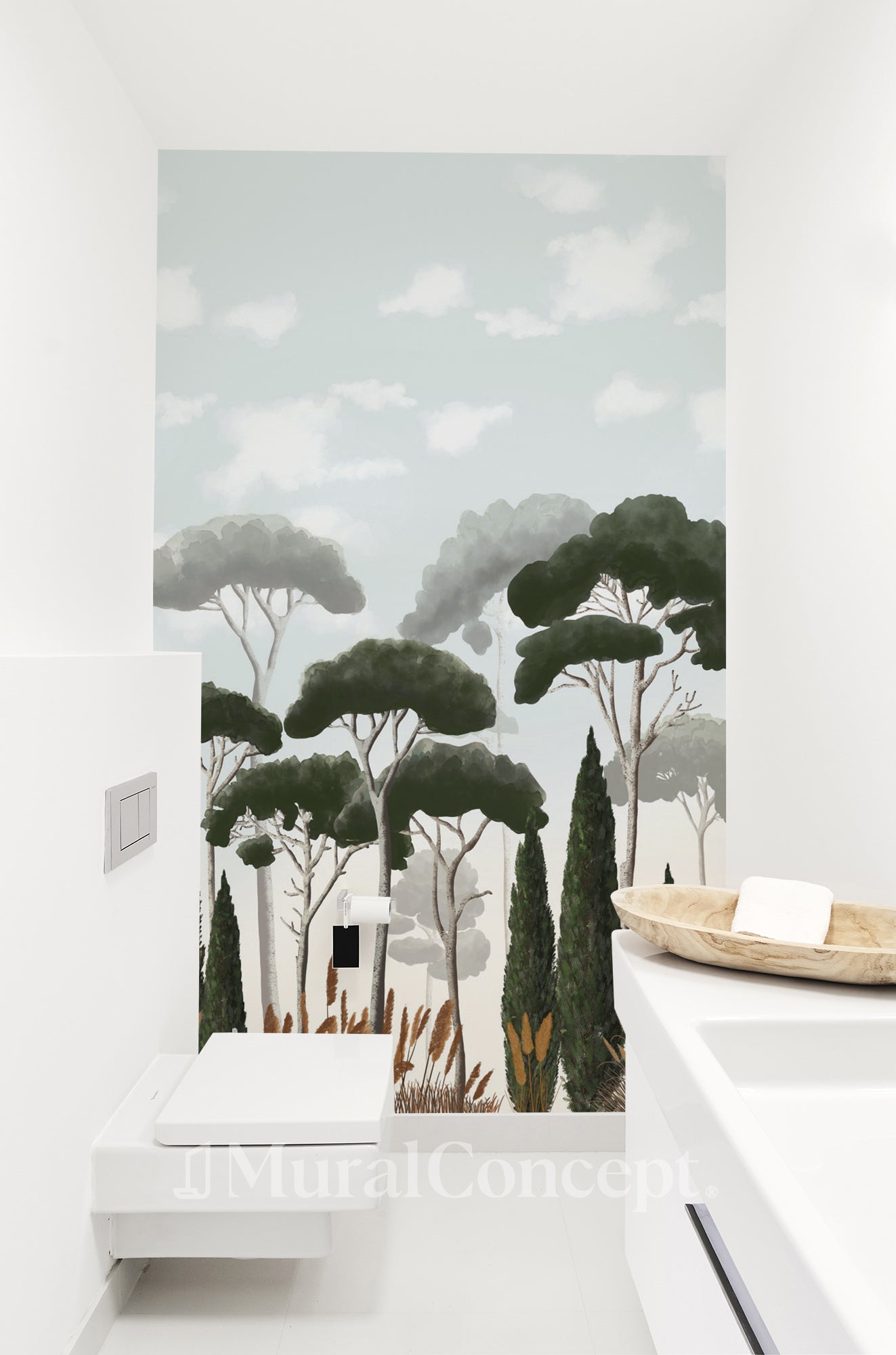 Papier peint wc cyprès pins et herbes de la pampa - décor mural sur mesure français
