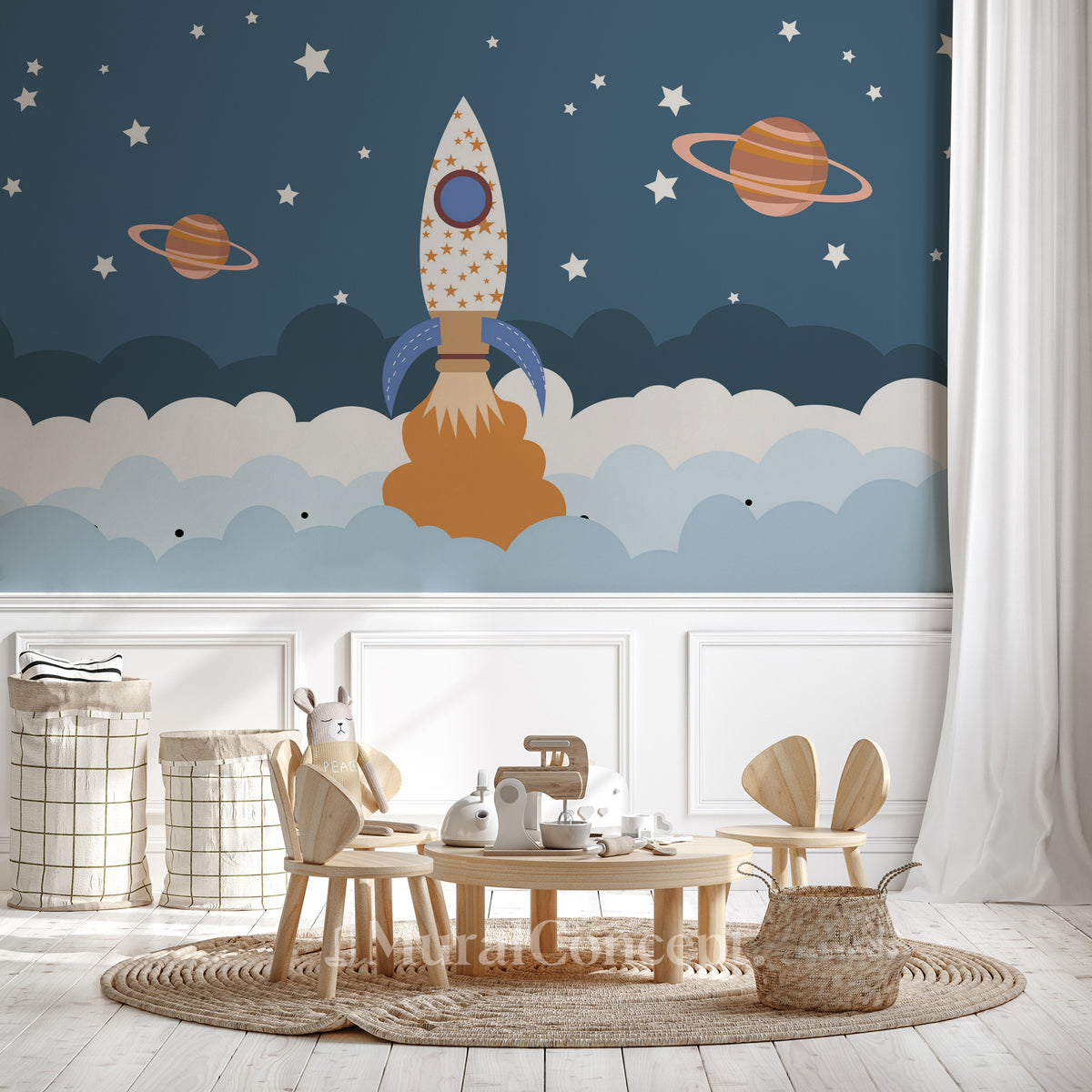 Papel pintado dormitorio infantil cohete universo espacio