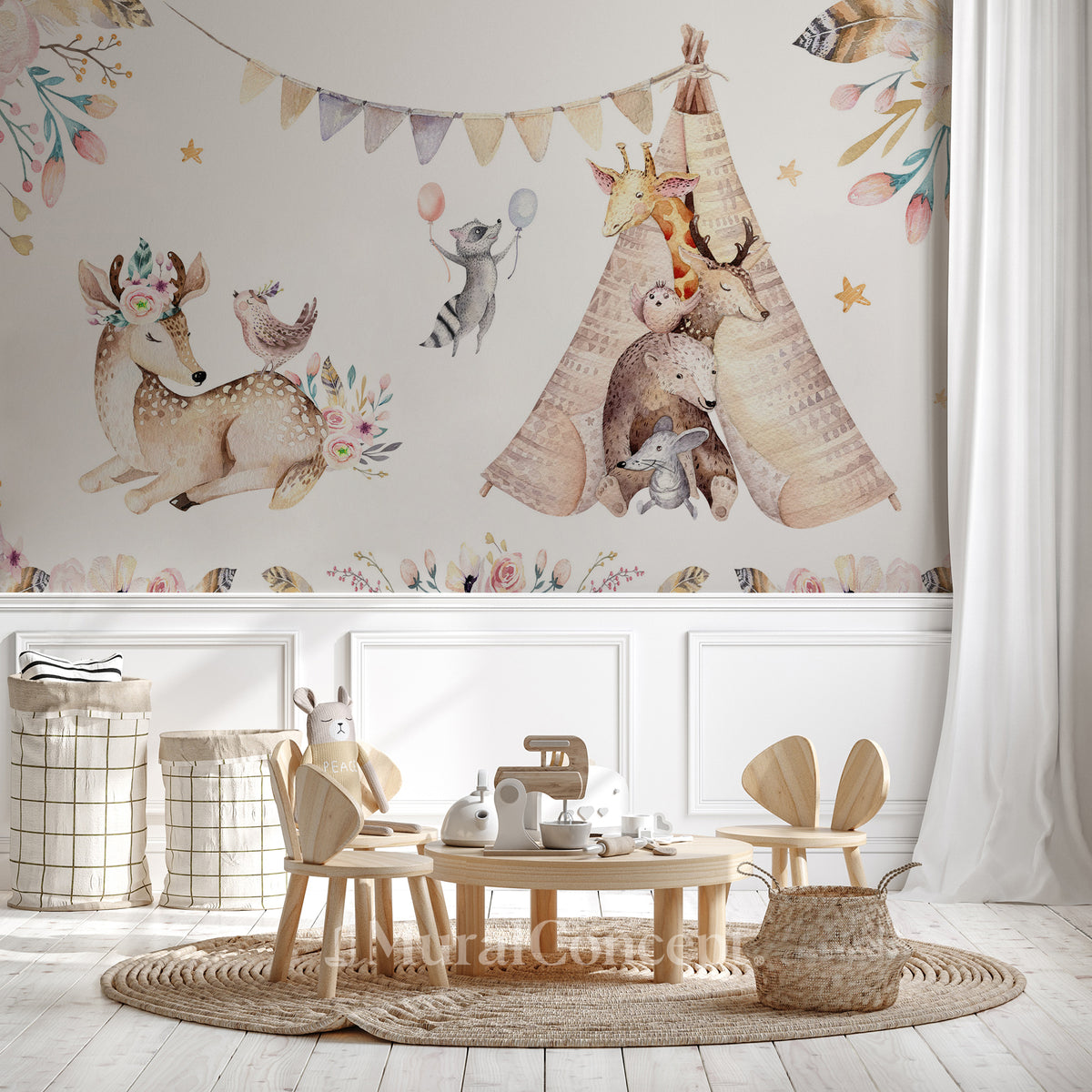 Papel pintado panorámico para habitación infantil con simpáticos animales.