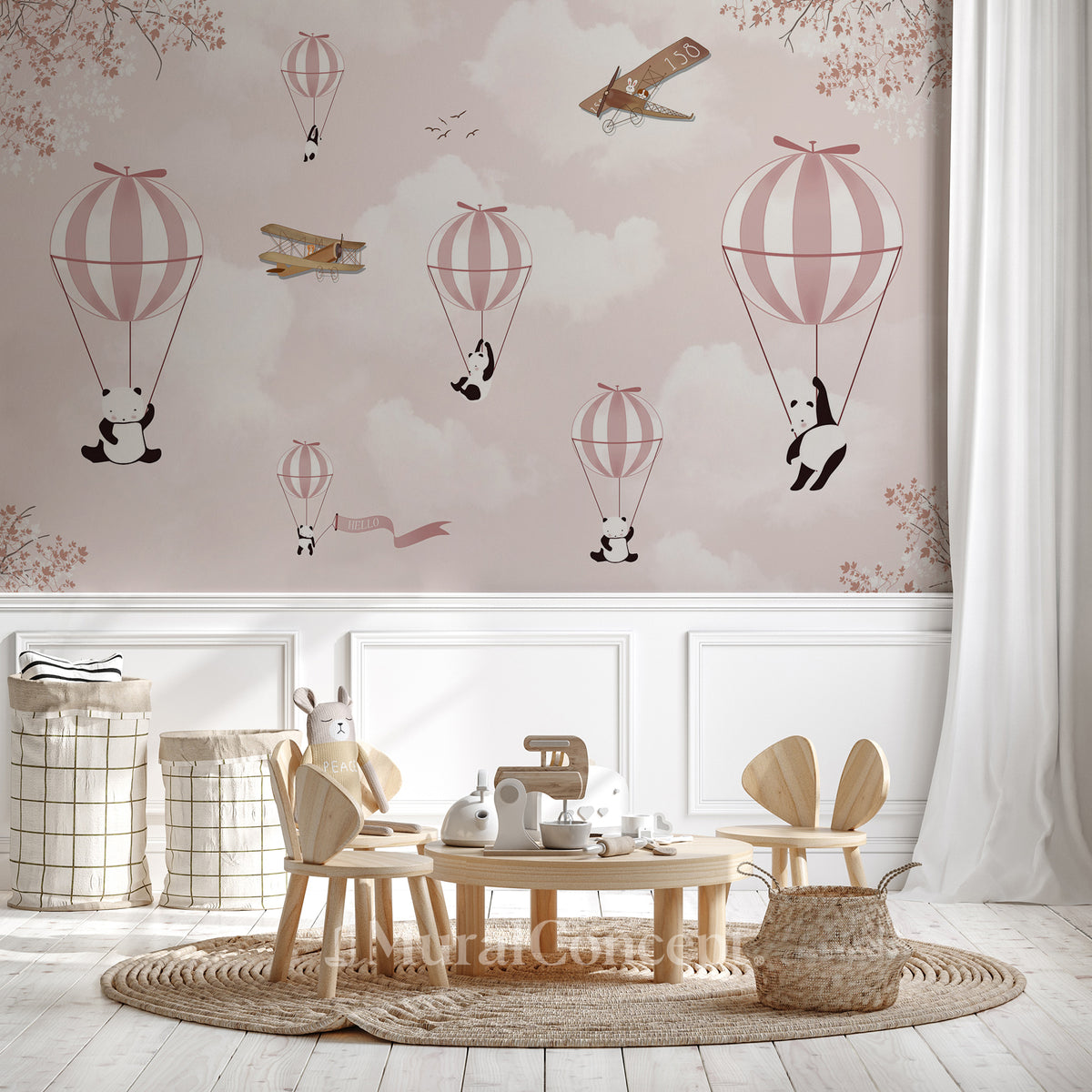 Papel pintado Dormitorio infantil Panda nuage rosa