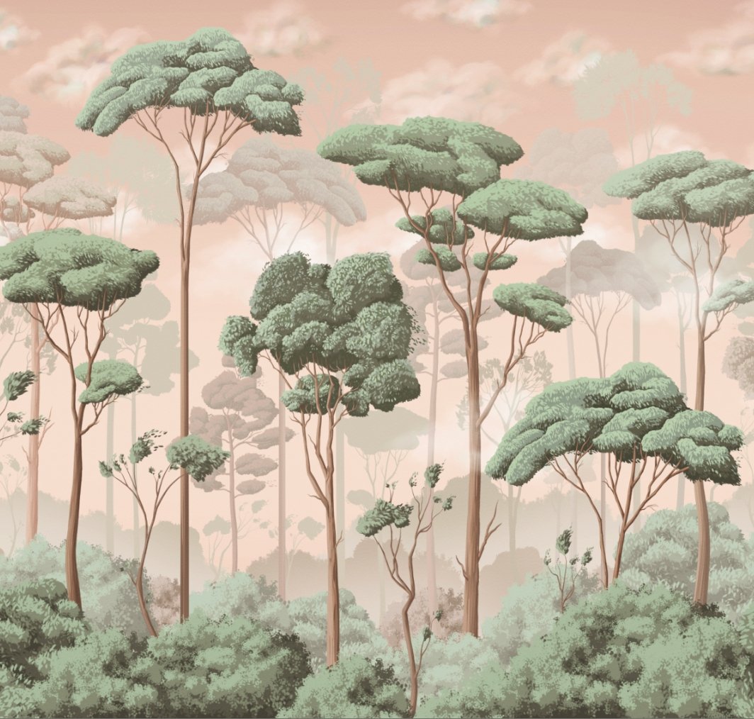 Papel pintado panorámico VP Bosque de pinos Jazmín voluptuoso L266cm x H253cm