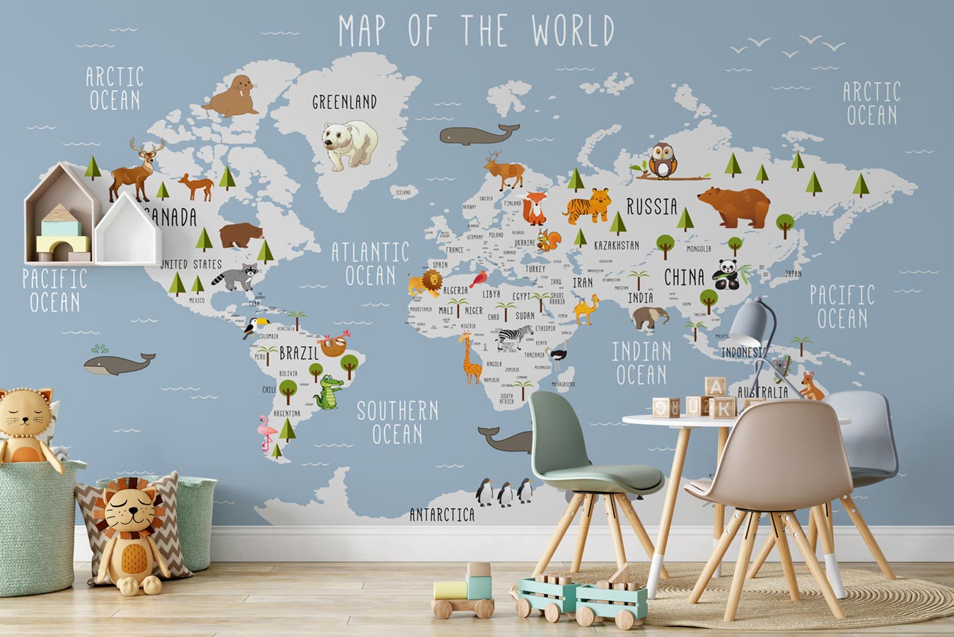Papier peint Carte du monde illustrée Animaux - papier peint sur mesure francais - muralconcept