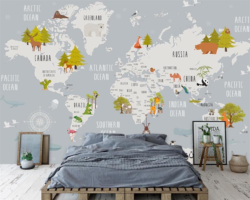 Papel pintado Dormitorio infantil mapa animales gris claro