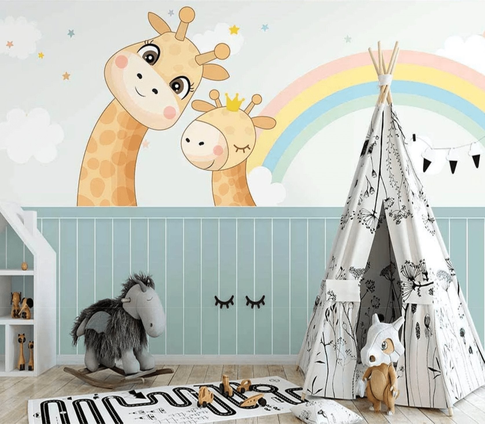 Papier peint chambre bébé scandinave girafe - papier peint sur mesure francais - muralconcept