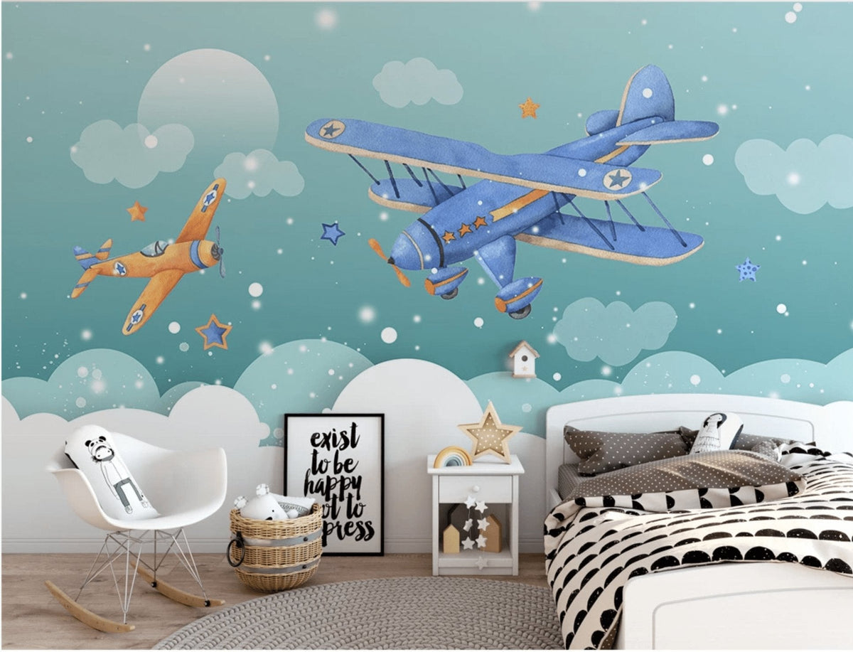 Papel pintado para dormitorio infantil con avión de nieve