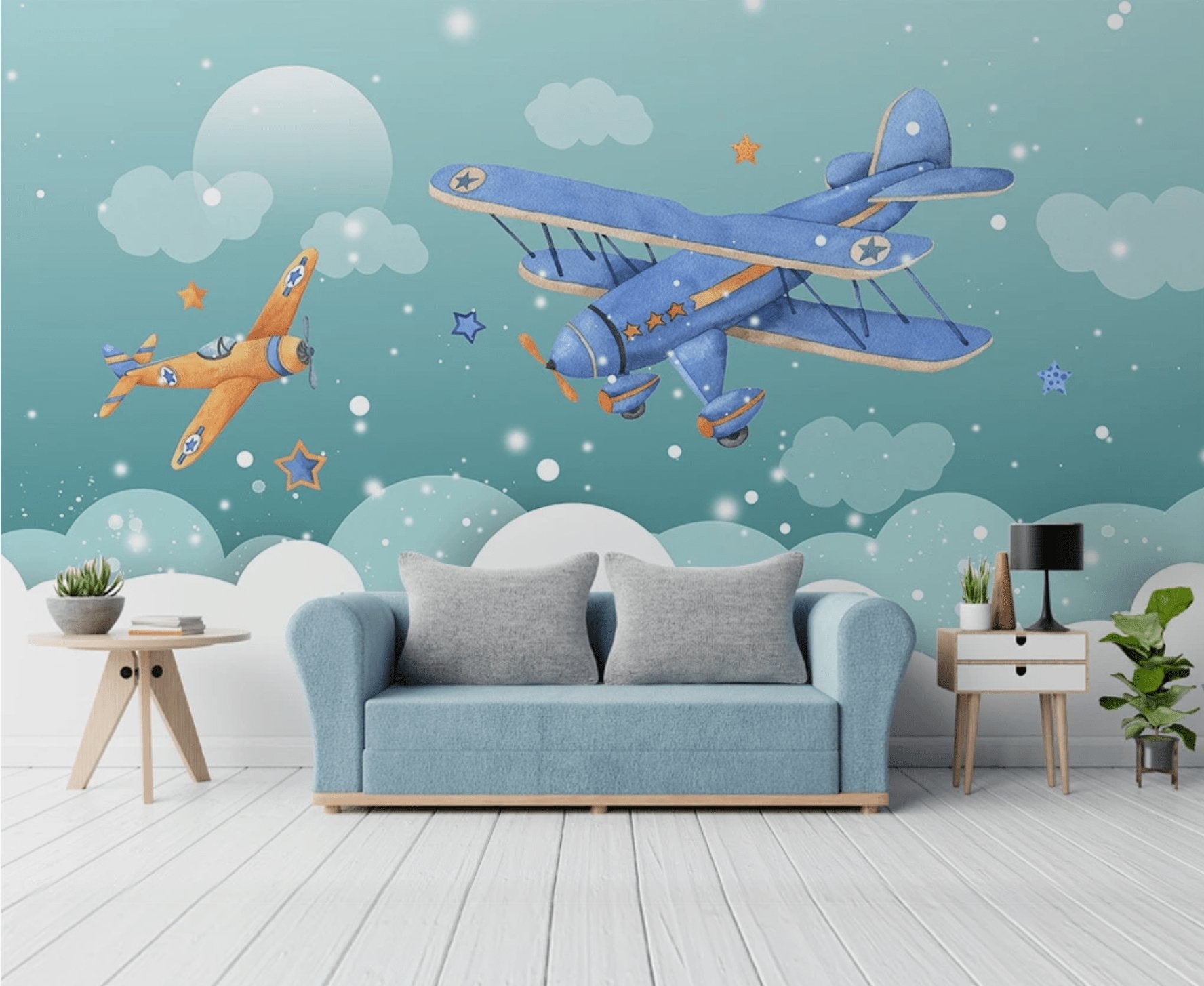 Papier peint chambre enfant avion neige - papier peint sur mesure francais - muralconcept
