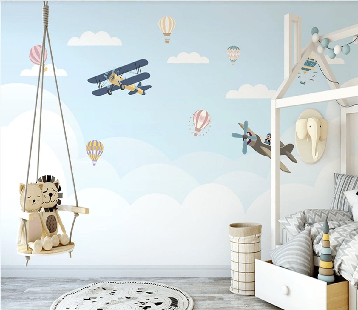 Papel pintado para habitación infantil Avión Nube