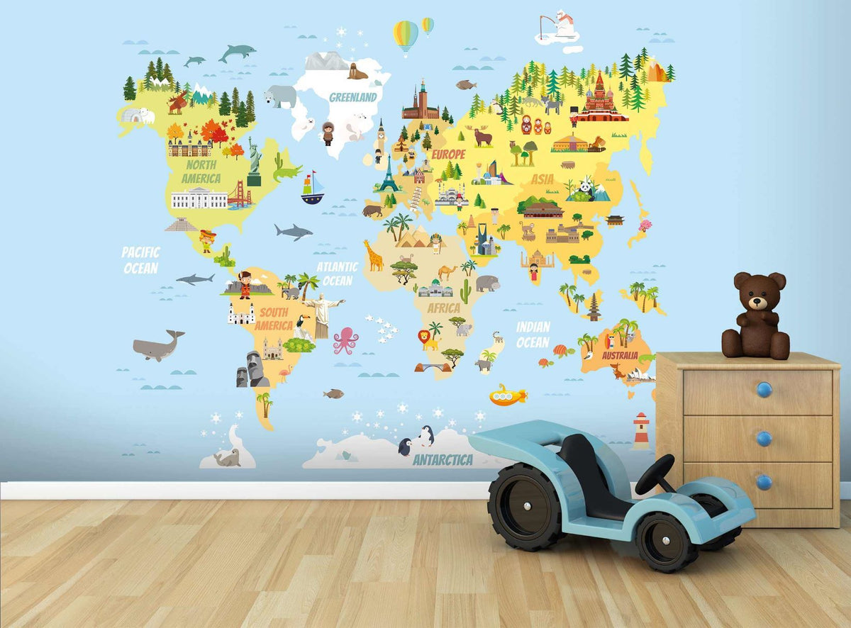 Papel pintado para dormitorio infantil con mapa del mundo