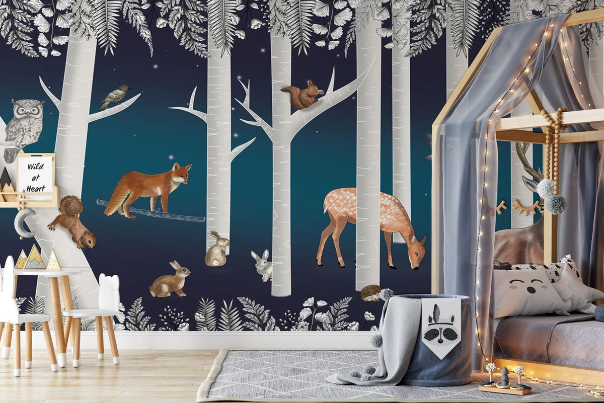 Papel pintado infantil Bosque encantado y sus animales Noche estrellada