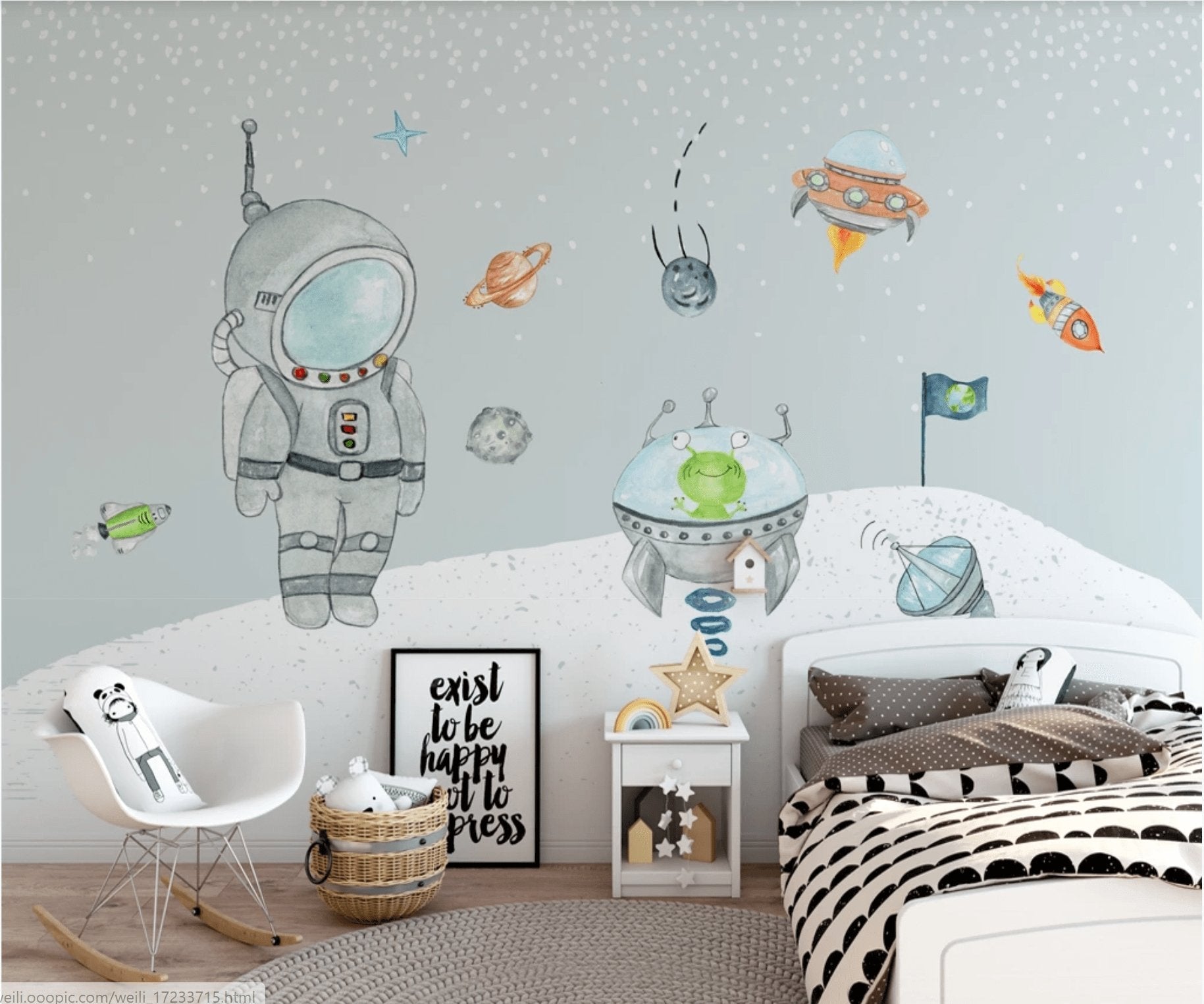 Papier peint enfant cosmonaute espace fusée - papier peint sur mesure francais - muralconcept