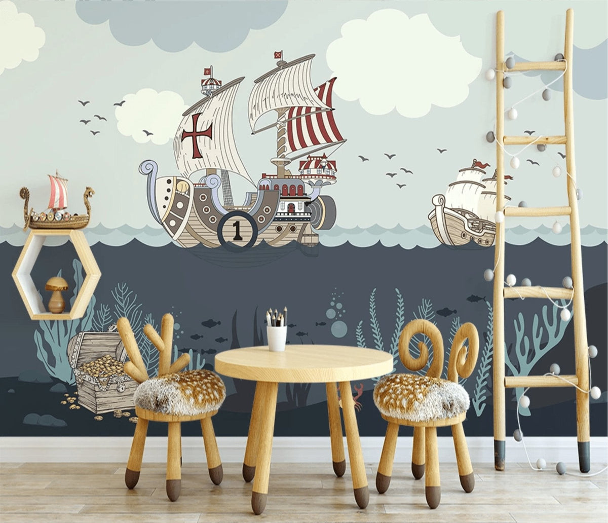 Papel pintado infantil barco pirata marinero mar