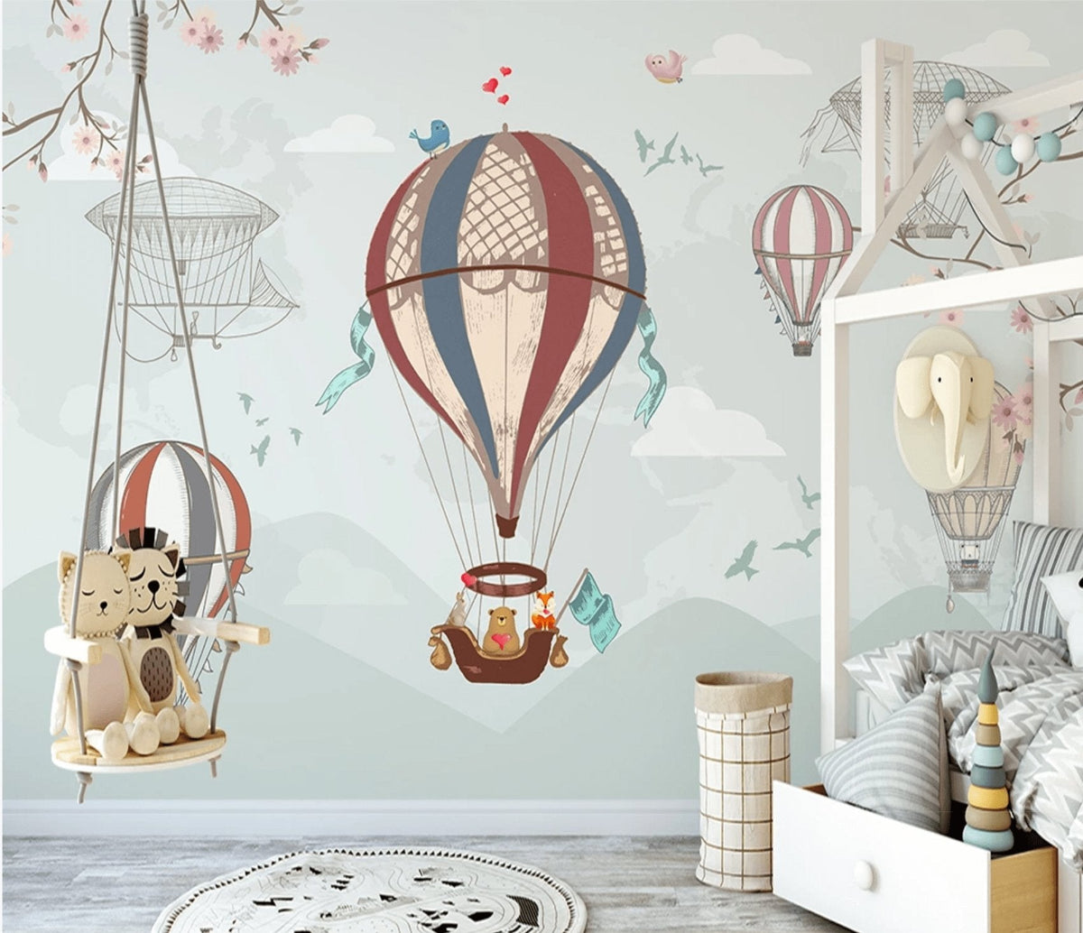 Papel pintado infantil vintage globo aerostático y animales
