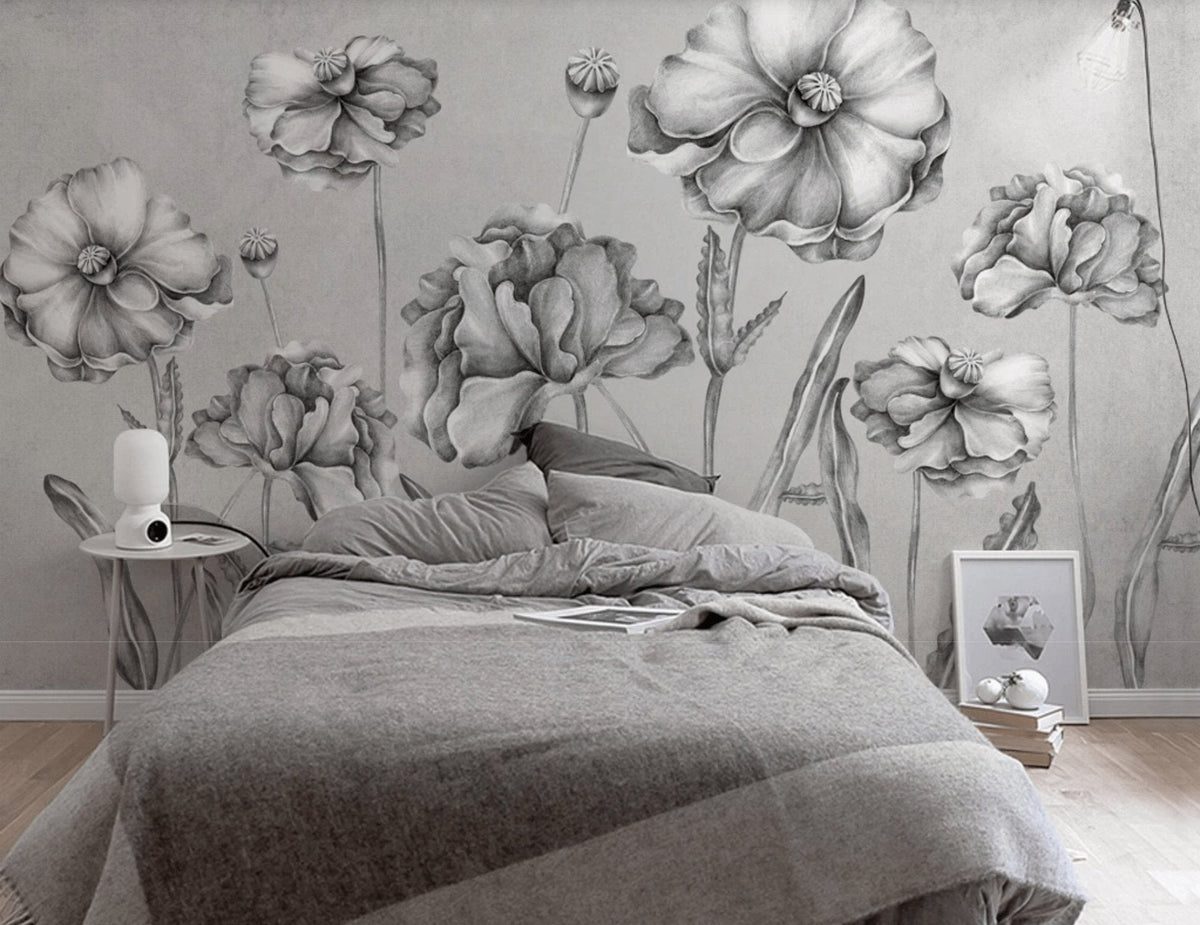 Papel pintado de flores bucólicas en blanco y negro