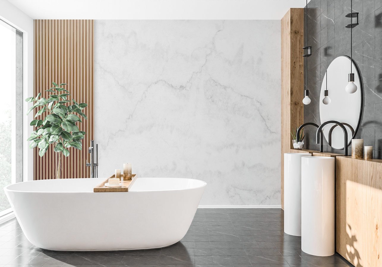 Papier peint imitation marbre et tasseau chêne - papier peint sur mesure francais - muralconcept