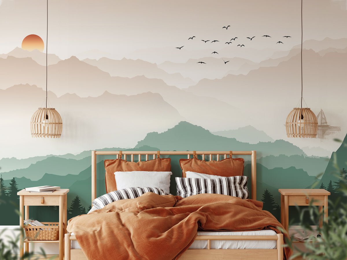 Papier peint montagne dans brume terracotta - papier peint sur mesure francais - muralconcept
