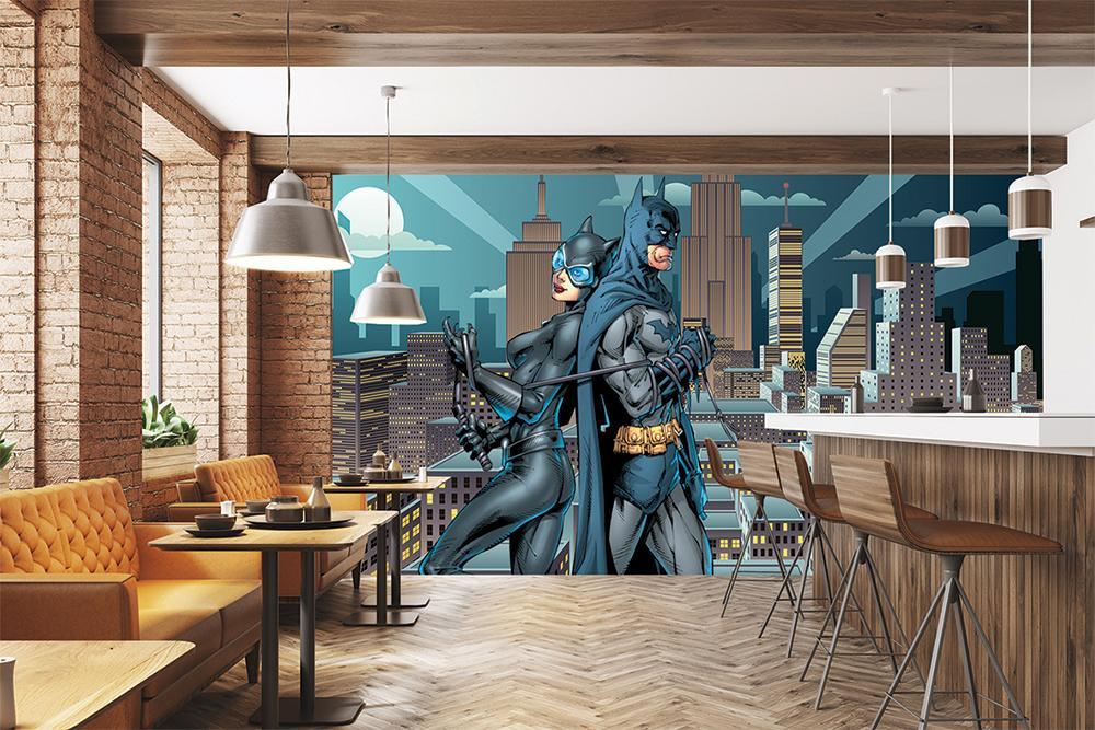 Fondo de pantalla panorámico Batman Catwoman conjunto en la ciudad