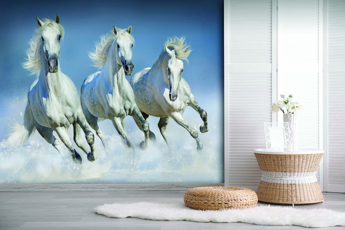 Fondo de pantalla panorámico caballos blancos como la nieve