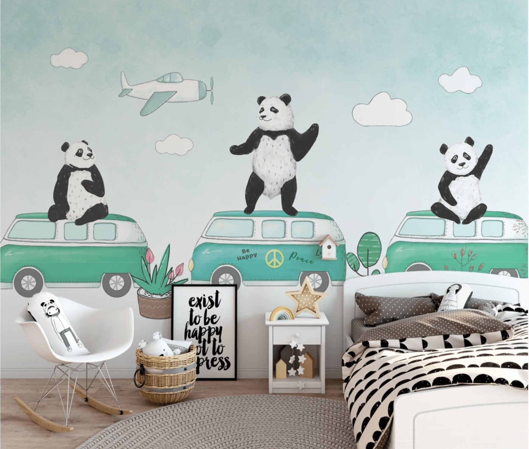 Papier peint panoramique enfant panda rigolo - papier peint sur mesure francais - muralconcept
