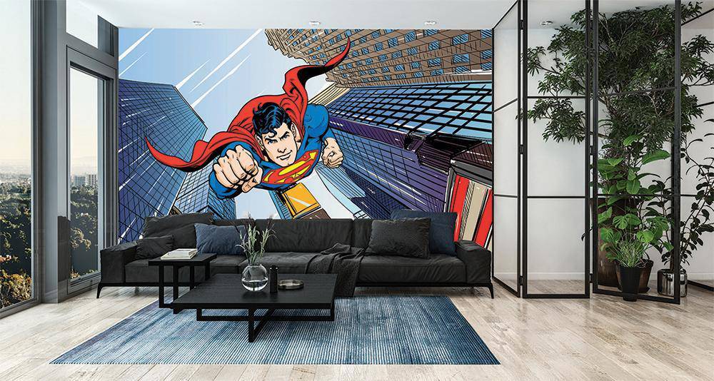 Fondo de pantalla panorámico del héroe Superman Comics en la ciudad