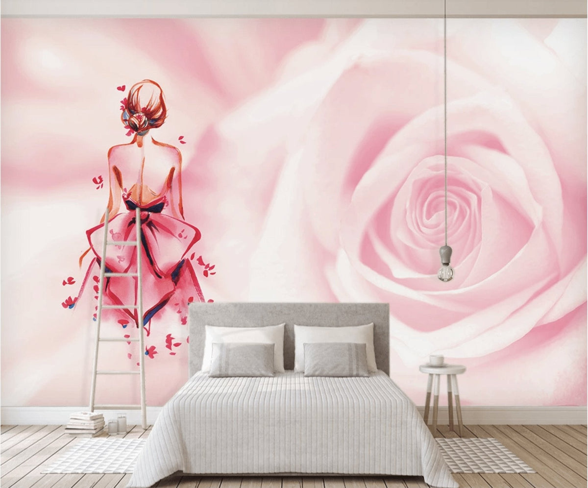 Romántico papel pintado panorámico floral rosa