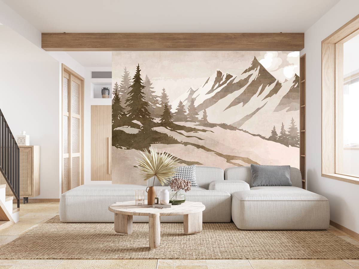 Papier peint sapin et montagne vintage sépia - papier peint sur mesure francais - muralconcept