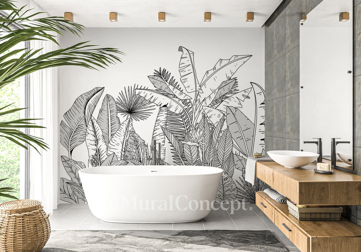 Papel pintado para baño con hojas botánicas en blanco y negro