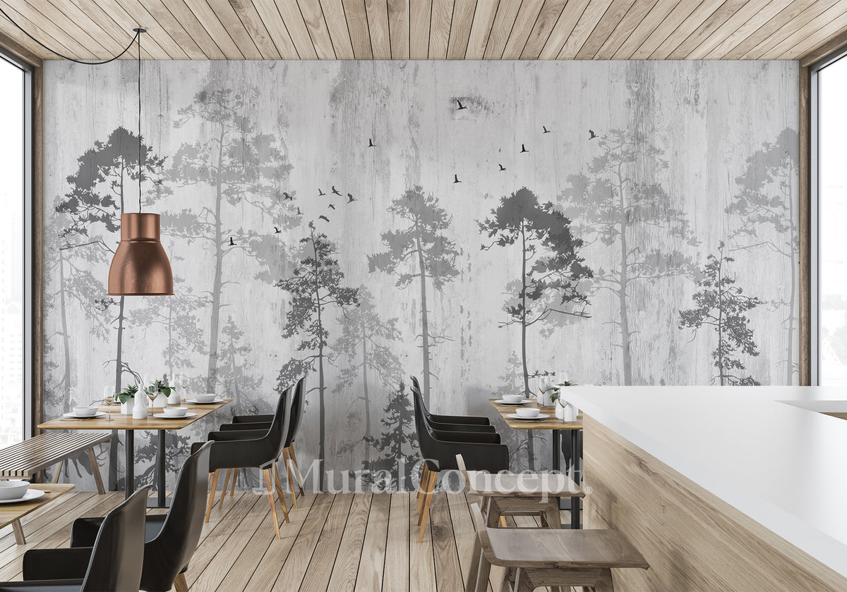 Papel pintado de bistro con temática de bosque nostálgico