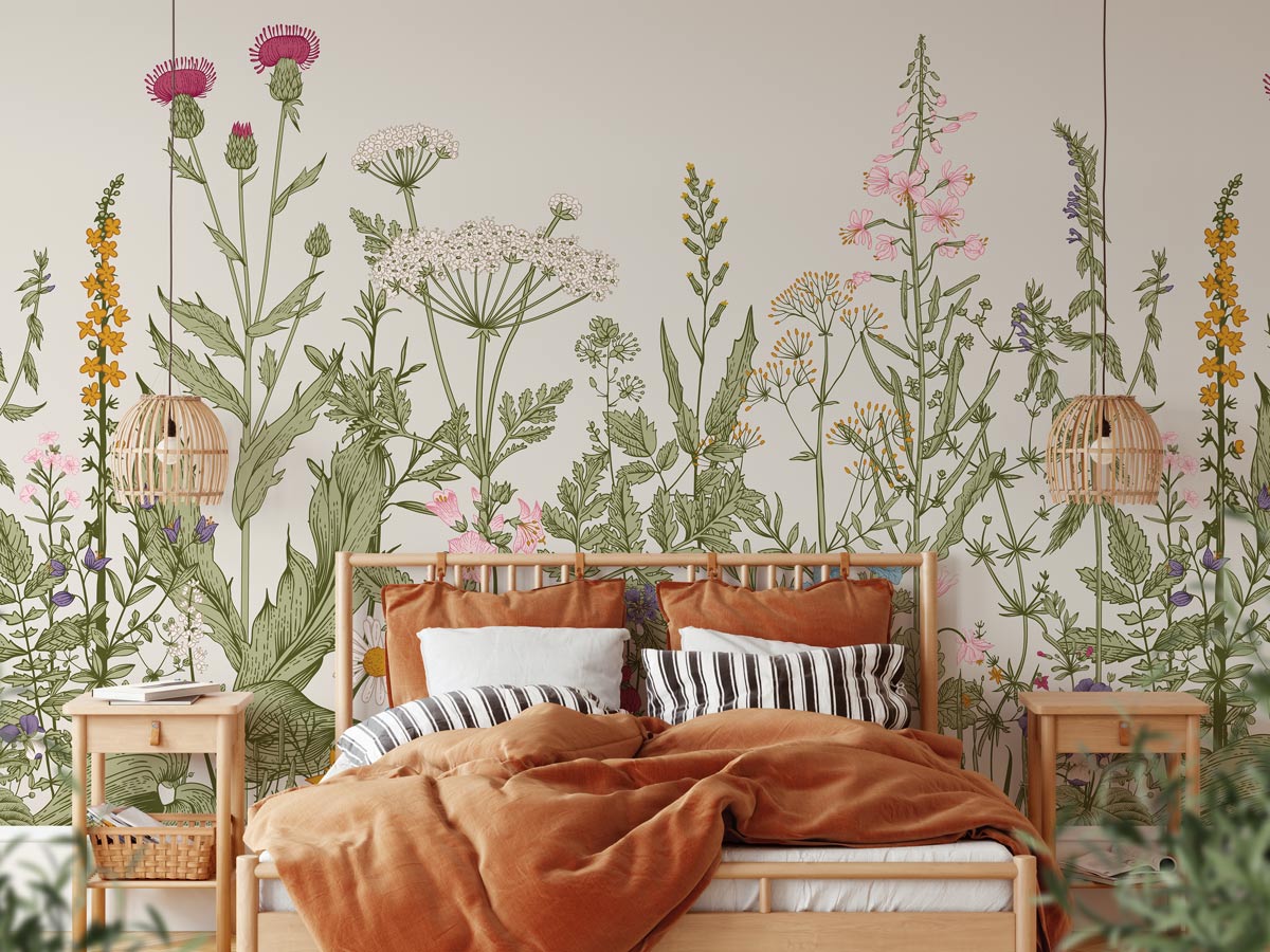 Papier peint botanique folk romantique - papier peint sur mesure francais - muralconcept