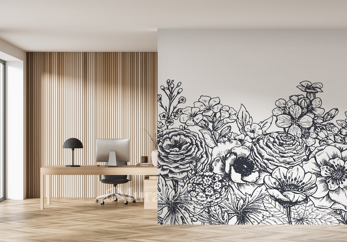 Papel pintado para oficina con ramo de flores en blanco y negro