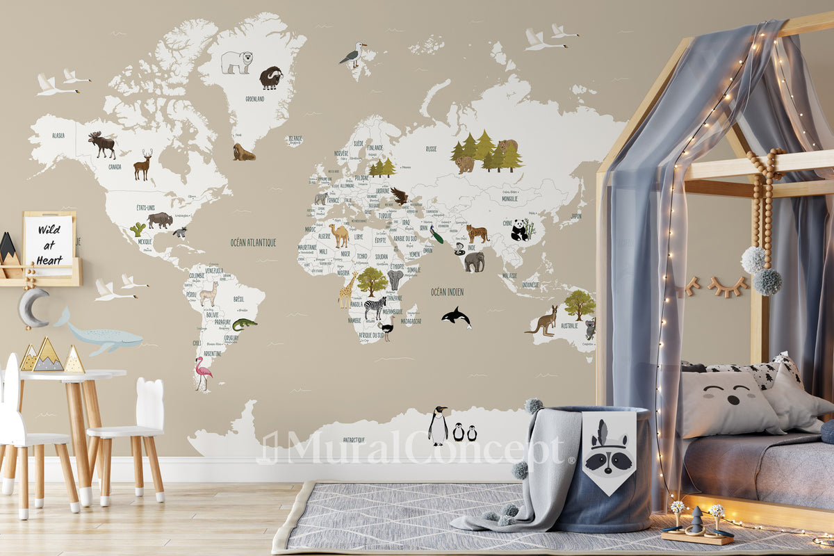 Papel pintado infantil con mapa del mundo en color beige en francés