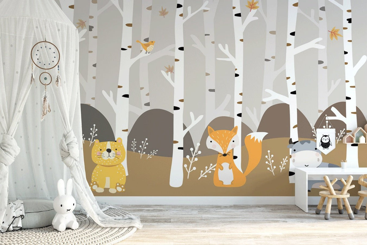 Papel pintado para habitación de bebé con animales en el bosque